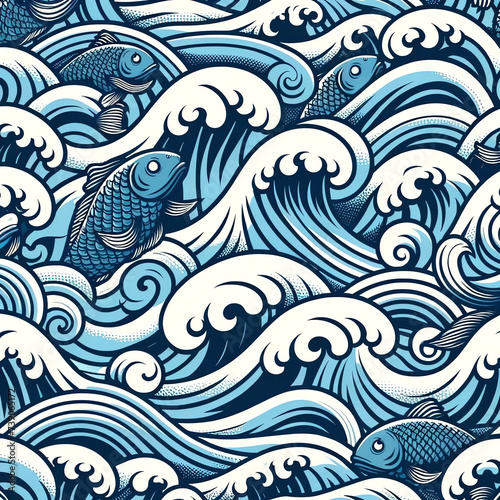波がたっている海面を多くの魚が飛び跳ねたり泳いだりしている躍動感のある日本風のイラスト。 photo