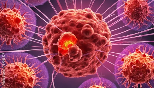  Illuminated cancer cell under microscope, symbolizing medical research and disease detection