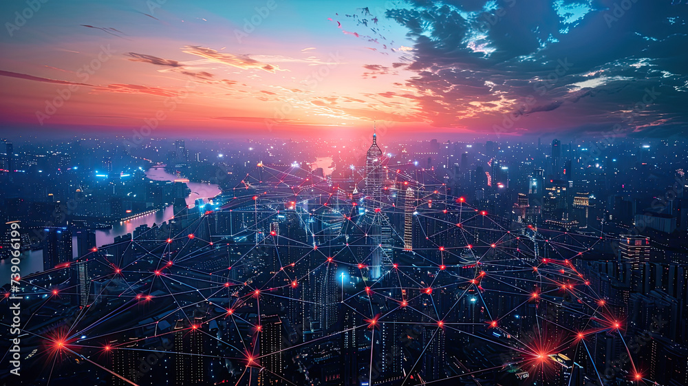 A bustling cityscape at sunset with a digital network grid overlay, symbolizing the interconnectedness and smart infrastructure of a modern metropolis.
 - obrazy, fototapety, plakaty 