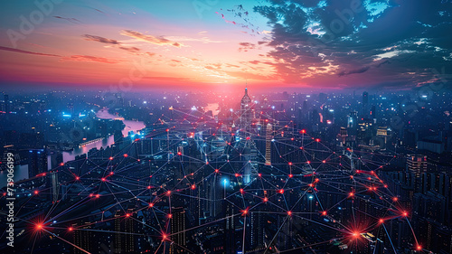 A bustling cityscape at sunset with a digital network grid overlay, symbolizing the interconnectedness and smart infrastructure of a modern metropolis. 