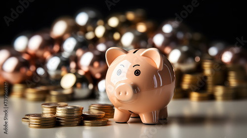 Save money, financial planning of personal finances and being thrifty concept theme with a pink piggy bank sitting on a pile of bronze and silver colored coins
