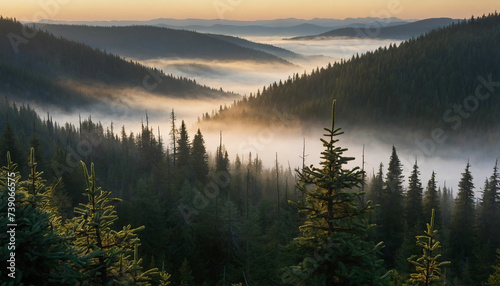 A spruce landscape zoom in on the dew kissed needles, each glistening in the soft light, while distant peaks fade into a dreamy mist and let the viewer feel the crispness of the air and the quiet anti