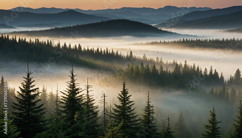 A spruce landscape zoom in on the dew kissed needles, each glistening in the soft light, while distant peaks fade into a dreamy mist and let the viewer feel the crispness of the air and the quiet anti