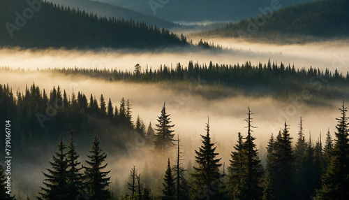 A spruce landscape zoom in on the dew kissed needles, each glistening in the soft light, while distant peaks fade into a dreamy mist and let the viewer feel the crispness of the air and the quiet anti © mdaktaruzzaman