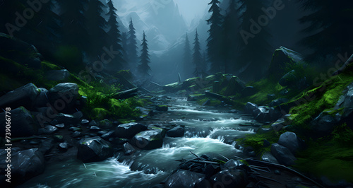 water is flowing through a forest and a mountain