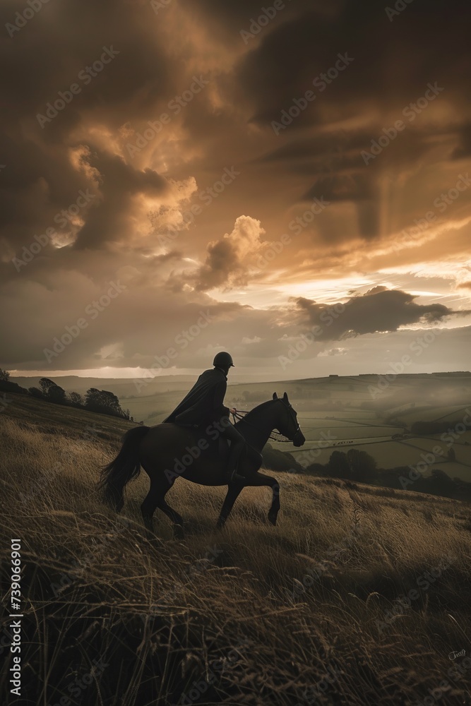 Professional Photography of a Horse and Rider Galloping Across a Scenic Countryside Landscape, Generative AI