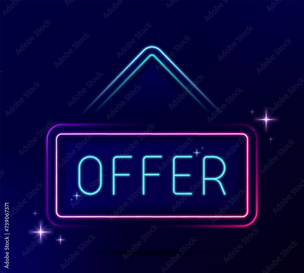 neon line light illustration effect of hanging OFFER sale Sign board with Sparks and stars glitter. Designed for restaurants, store, cafe, bar ads such as poster, flyer, website, brochure and billboar
