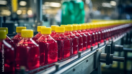 Image of a factory with a conveyor belt juice bottles in production.