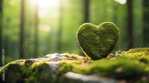 Image of a heart-shaped stone overgrown with juicy moss.