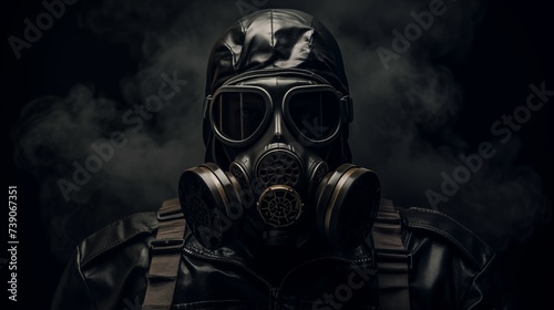 Image of a man with a gas mask on a dark background.