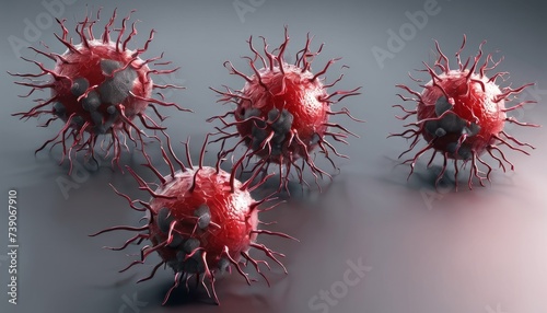  Five vibrant red viruses with spiky protrusions, isolated on a dark background photo