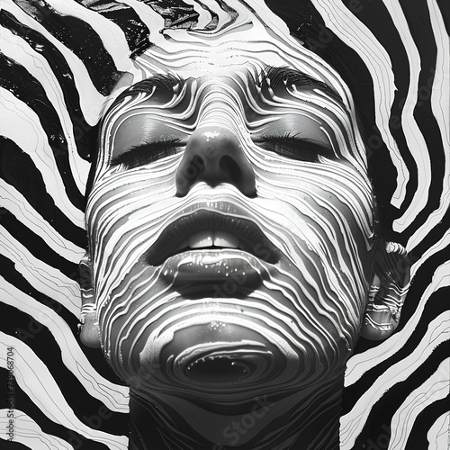Spotted background in white and black, face of a woman covered in abstract white paint fingerprints. generative AI