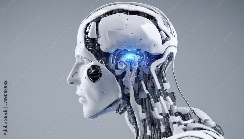Robotic humanoid head with glowing blue eyes and intricate circuitry Robotic humanoid head with glowing blue eyes and intricate circuitry