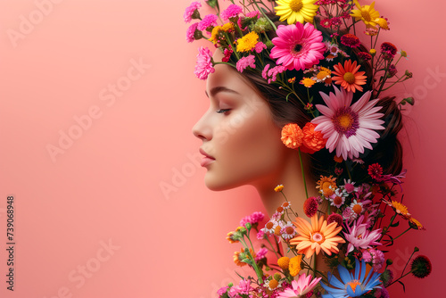 beautiful young woman with pink flowers on her head on pink background with space for your text - spring sale banner