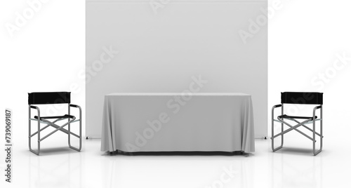 Exhibition Media Wall Display Stand with Trestle Tablecloth and Directors Chairs, 3D render for mockup and illustrations with transparent background.