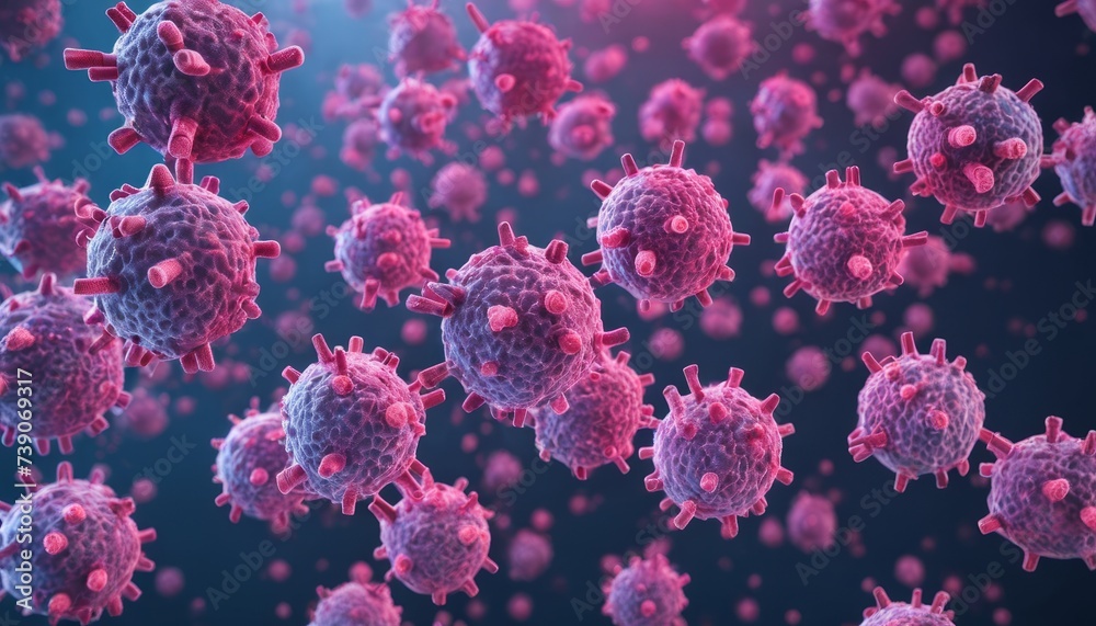 Viral particles in a microscopic view, illustrating the spread of a contagion Viral particles in a microscopic view, illustrating the spread of a contagion