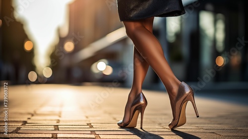 Image of a woman walking in high heels on a street.