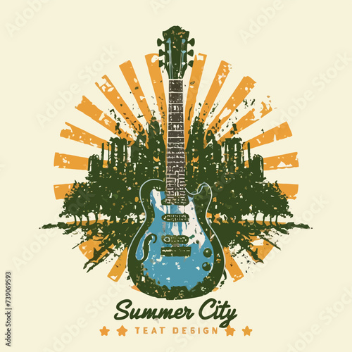 2d vector illustration art  Retro guitar with trees and city on the background, Summer t-shirt design, Custom vector illustration for posters vintage distressed style each design showed in different c