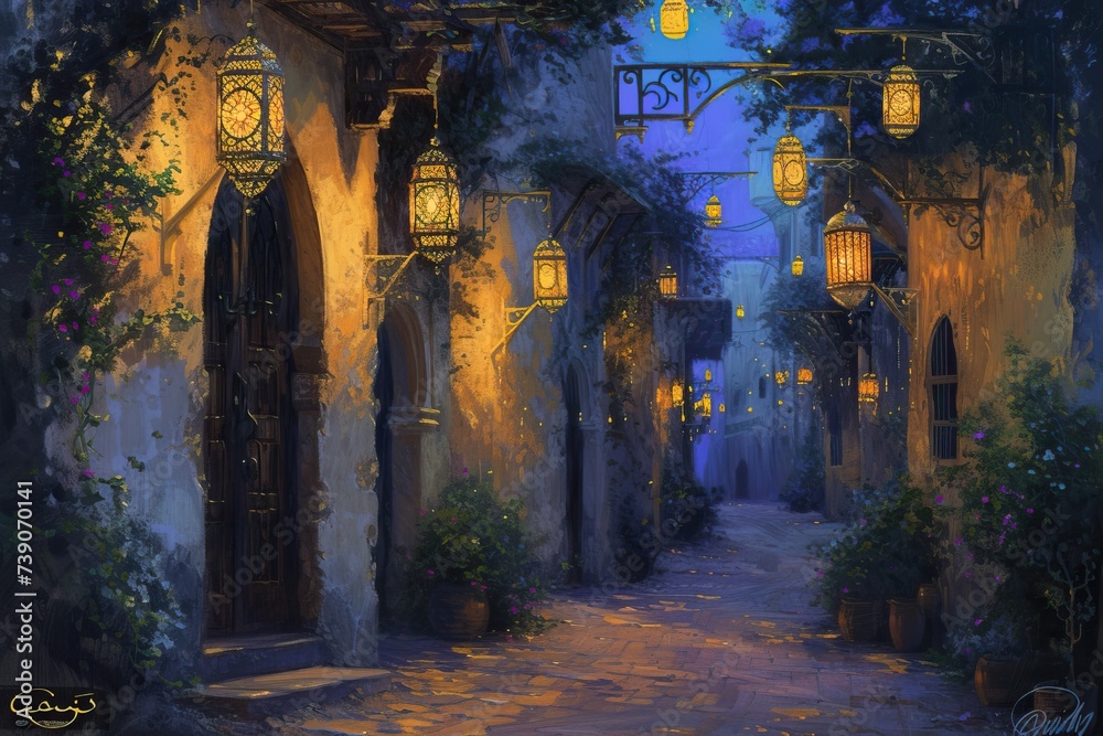 tranquil night scene of the winding alleys of an Islamic city adorned with lanterns. tranquil night scene of the winding alleys of an Islamic city adorned with lanterns.
