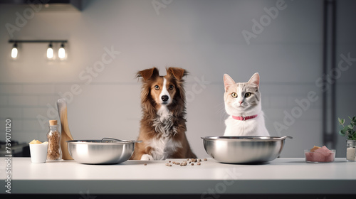 Dog and cat sitting at the table waiting for food, modern kitchen background, empty bowl