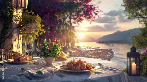 A romantic dinner scene featuring plated Italian cuisine on the terrace with river views.