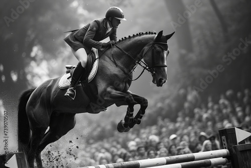 Professional Photography of a Horse and Rider Competing in a Thrilling Show Jumping Competition, Generative AI