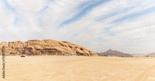 The end point of jeep tour route for tourists through endless red desert of the Wadi Rum near Amman in Jordan