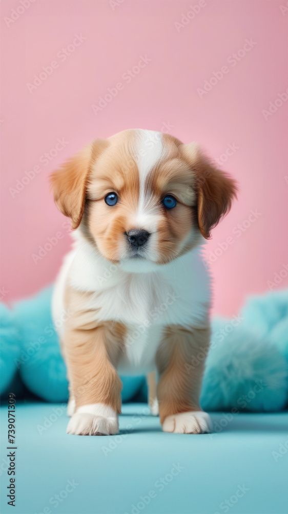 Cute puppy on pink pastel background.