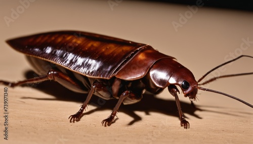  Detailed close-up of a brown beetle on a wooden surface © vivekFx