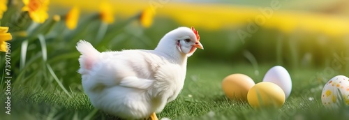 Cute chicken and easter bunny on a meadow with eggs and flowers. Easter concept 