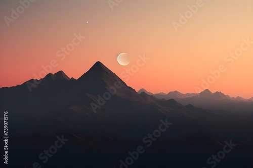 Crescent moon setting behind a jagged mountain peak, silhouetted against the dawn. 