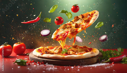 Advertisement food photography splash Chicken Fajita Pizza, bright colors studio lighting Generated AI