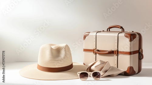 Image of hat  sunglasses  and a suitcase on a white background.