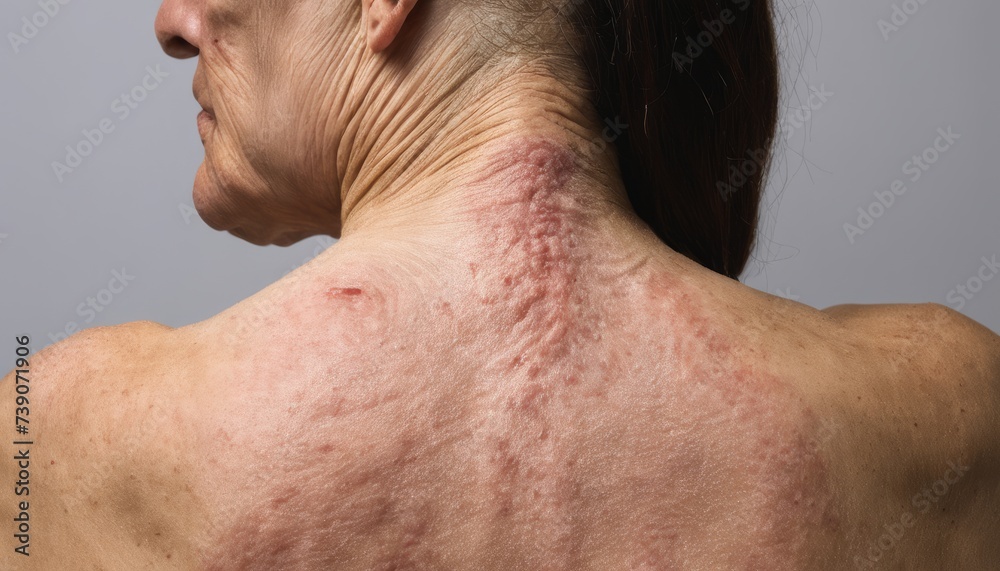 A close-up view of a person's neck and shoulder area, showcasing skin texture and aging A close-up view of a person's neck and shoulder area, showcasing skin texture and aging