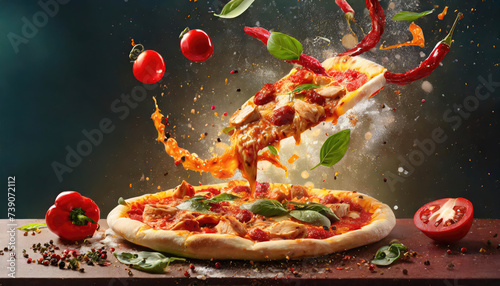 Advertisement food photography splash Chicken Fajita Pizza, bright colors studio lighting Generated AI