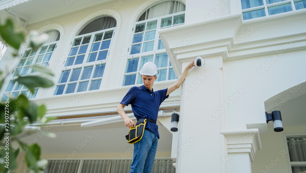 A technician installs a CCTV camera on the facade of a residential building.