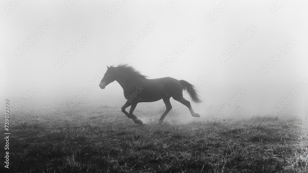 Graceful steed emerges through the mist, a vision of elegance in every stride. A majestic silhouette, dancing with the ethereal fog, embodies the enchantment of a misty morning's beauty. Graceful steed emerges through the mist, a vision of elegance in every stride. A majestic silhouette, dancing with the ethereal fog, embodies the enchantment of a misty morning's beauty.
