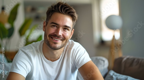 Smiling young man in a casual white t-shirt at home. relaxed, friendly male portrait with modern interior. lifestyle and leisure concept photo. AI
