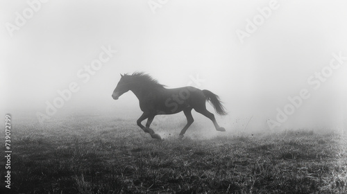Graceful steed emerges through the mist  a vision of elegance in every stride. A majestic silhouette  dancing with the ethereal fog  embodies the enchantment of a misty morning s beauty.