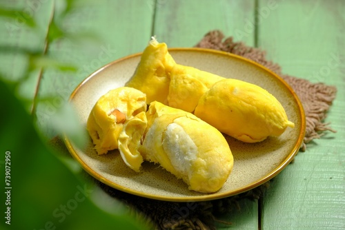 Durian fruit on the table. Delicious and sweet durian from Indonesia. Durian Bawor photo