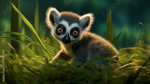 Image of lemur on lush green grass. © kept