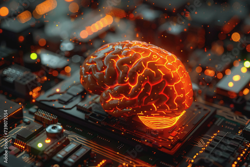 Circuit board with orange-black brain Suitable for technology and artificial intelligence concepts.