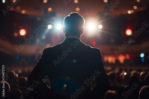 Businessman motivational speaker standing on stage in front of an audience for a speech at conference or business event. Talks about Success, Leadership, Technology, and How To Be Productive photo