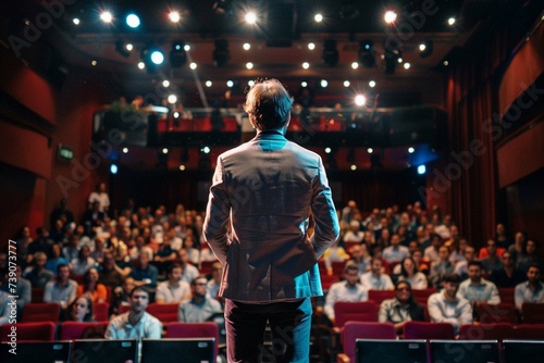 Businessman motivational speaker standing on stage in front of an audience for a speech at conference or business event. Talks about Success, Leadership, Technology, and How To Be Productive photo