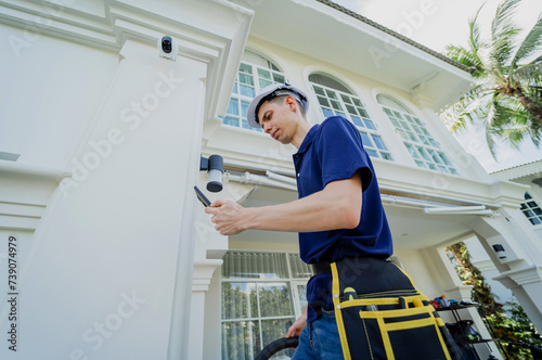 A technician installs a CCTV camera on the facade of a residential building.