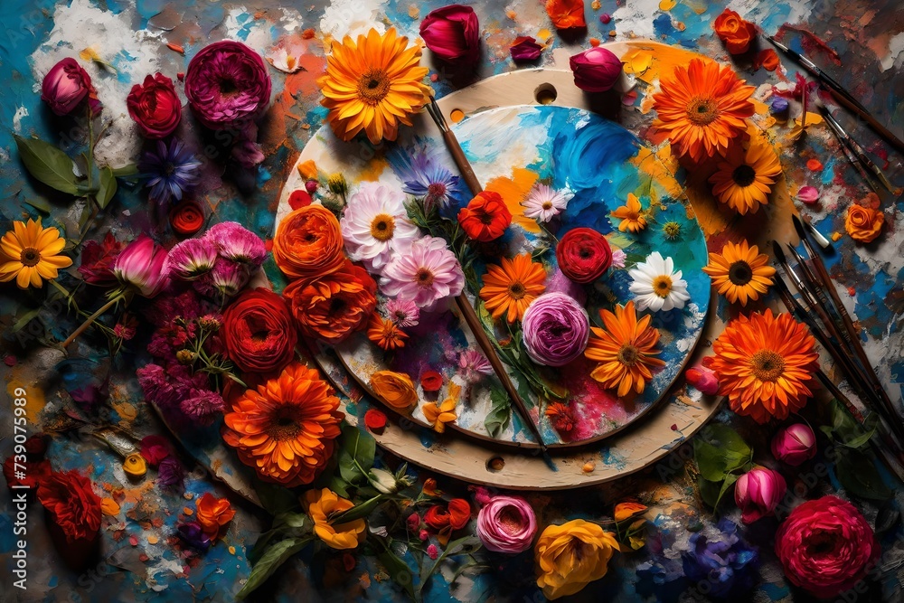 A vibrant painting of colorful flowers on a palette surrounded by brushes and fresh blooms, capturing the beauty of art creatio