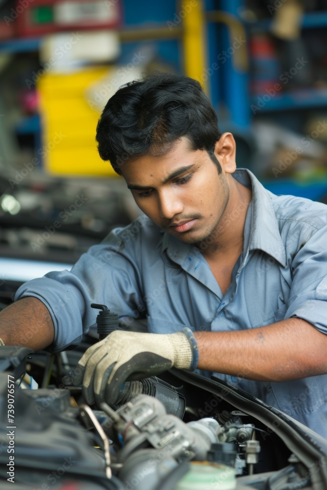 Young Indian mechanic working on car engine in auto repair shop Young Indian mechanic working on car engine in auto repair shop