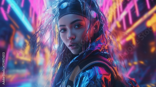 Image of woman, glowing neon cyberpunk vibe.