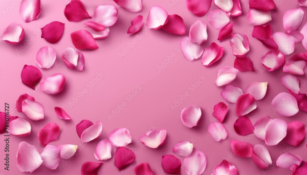  Elegant pink rose petals scattered on a soft pink background