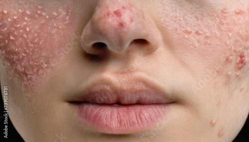  A close-up of a person's face with acne and skin imperfections